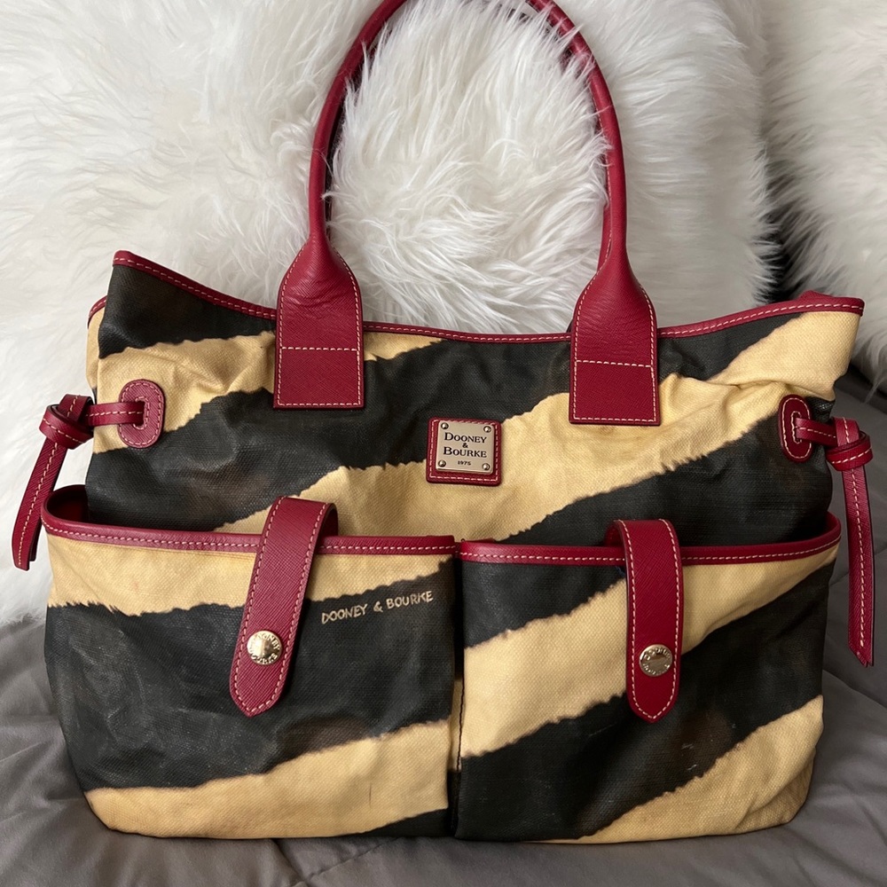 Dooney and Burke zebra two handle large tote with red accents